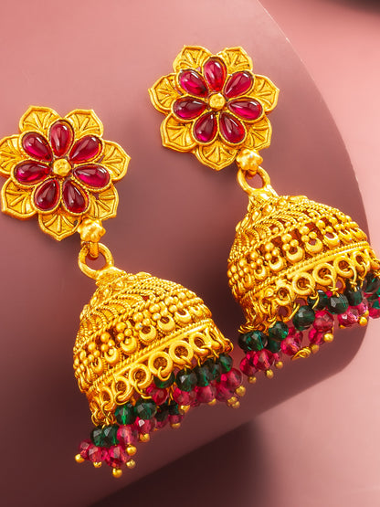 Aadita Floral Gold Plated Pink and Green Jhumka Earrings