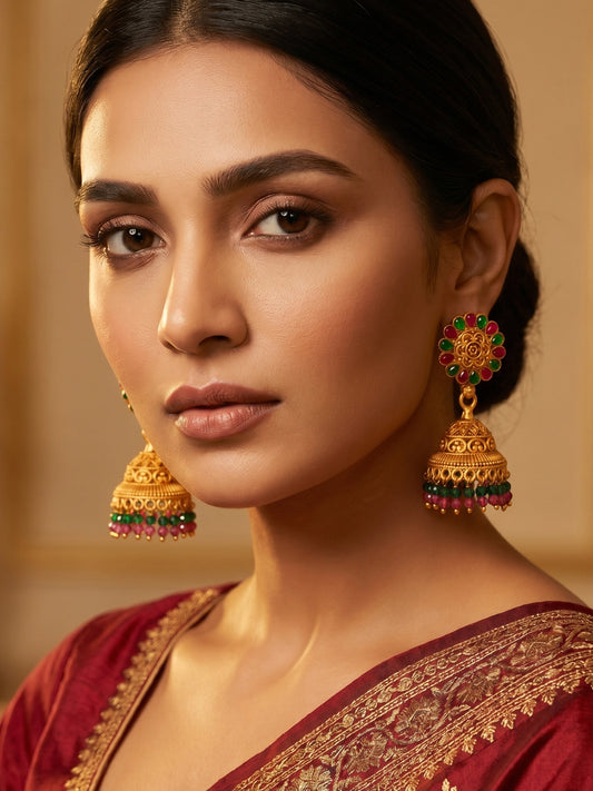 Aadita Traditional Gold Plated Green and Pink Stone Jhumka Earrings