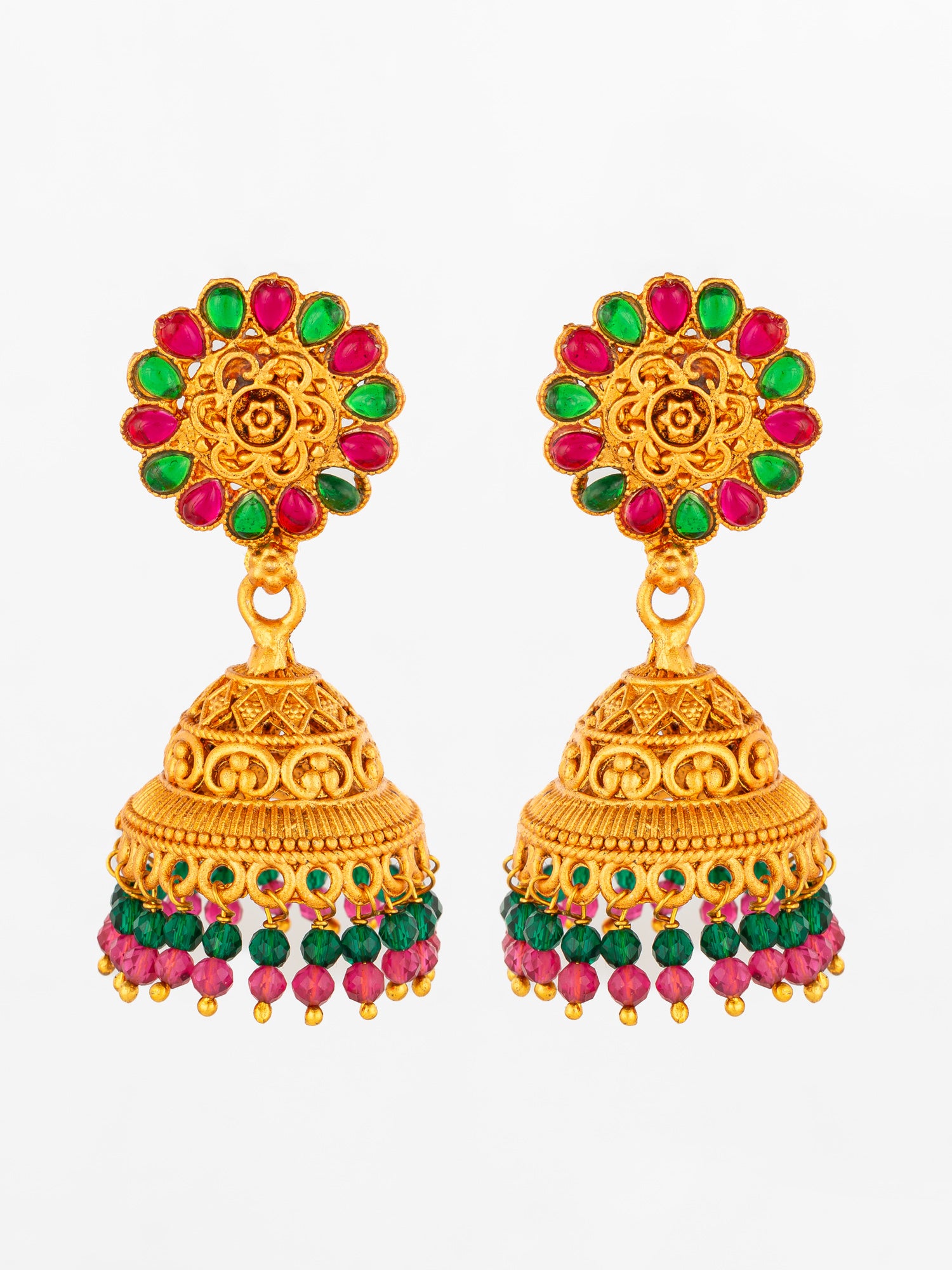 Aadita Traditional Gold Plated Green and Pink Stone Jhumka Earrings