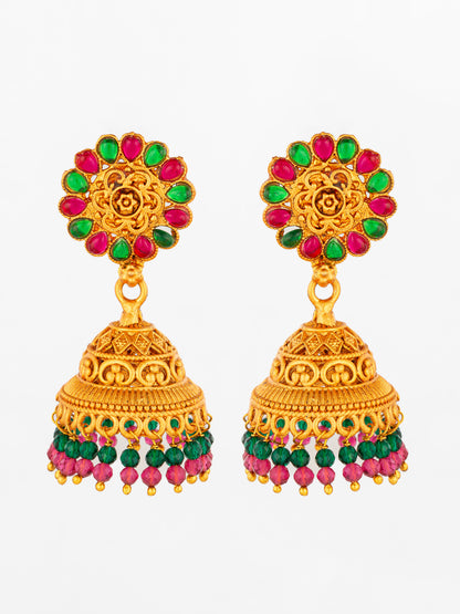 Aadita Traditional Gold Plated Green and Pink Stone Jhumka Earrings