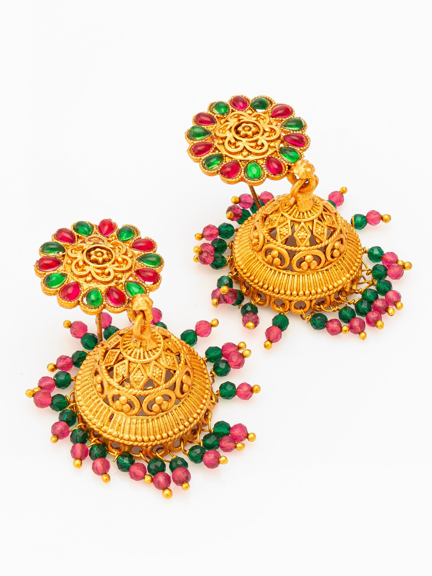 Aadita Traditional Gold Plated Green and Pink Stone Jhumka Earrings