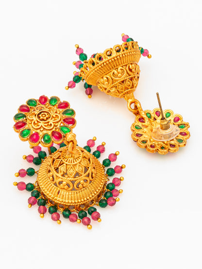 Aadita Traditional Gold Plated Green and Pink Stone Jhumka Earrings