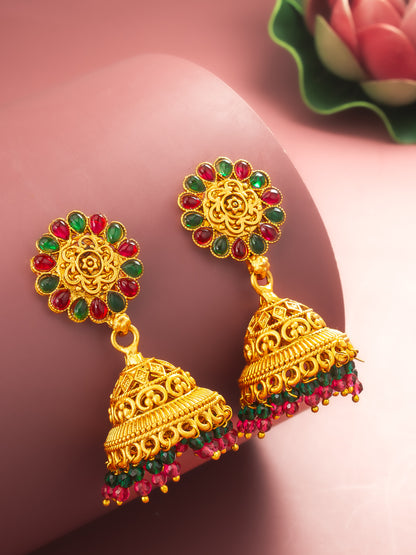 Aadita Traditional Gold Plated Green and Pink Stone Jhumka Earrings