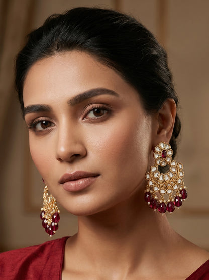 Aadita Gold-Toned Kundan Chandbali Earrings with Crystal Drops and Seed Pearls