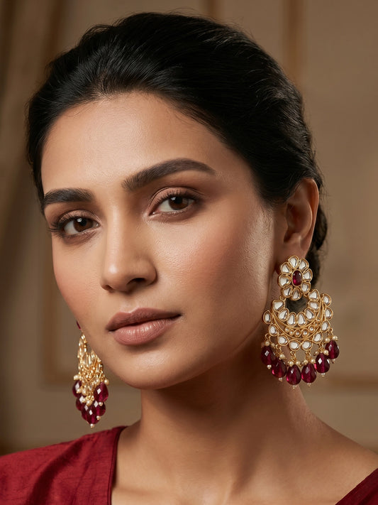 Aadita Gold-Toned Kundan Chandbali Earrings with Crystal Drops and Seed Pearls