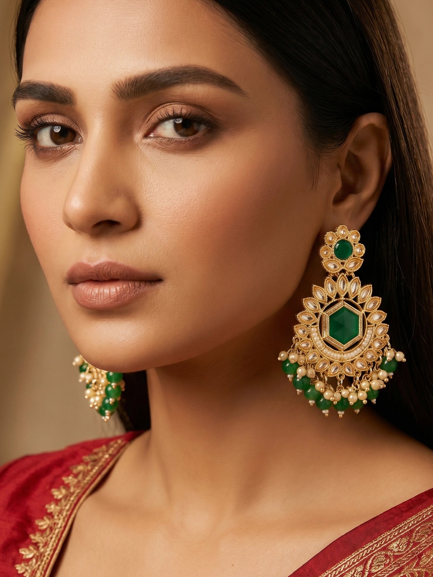 Aadita Green Kundan Chandelier Drop Earrings with Beaded Detailing