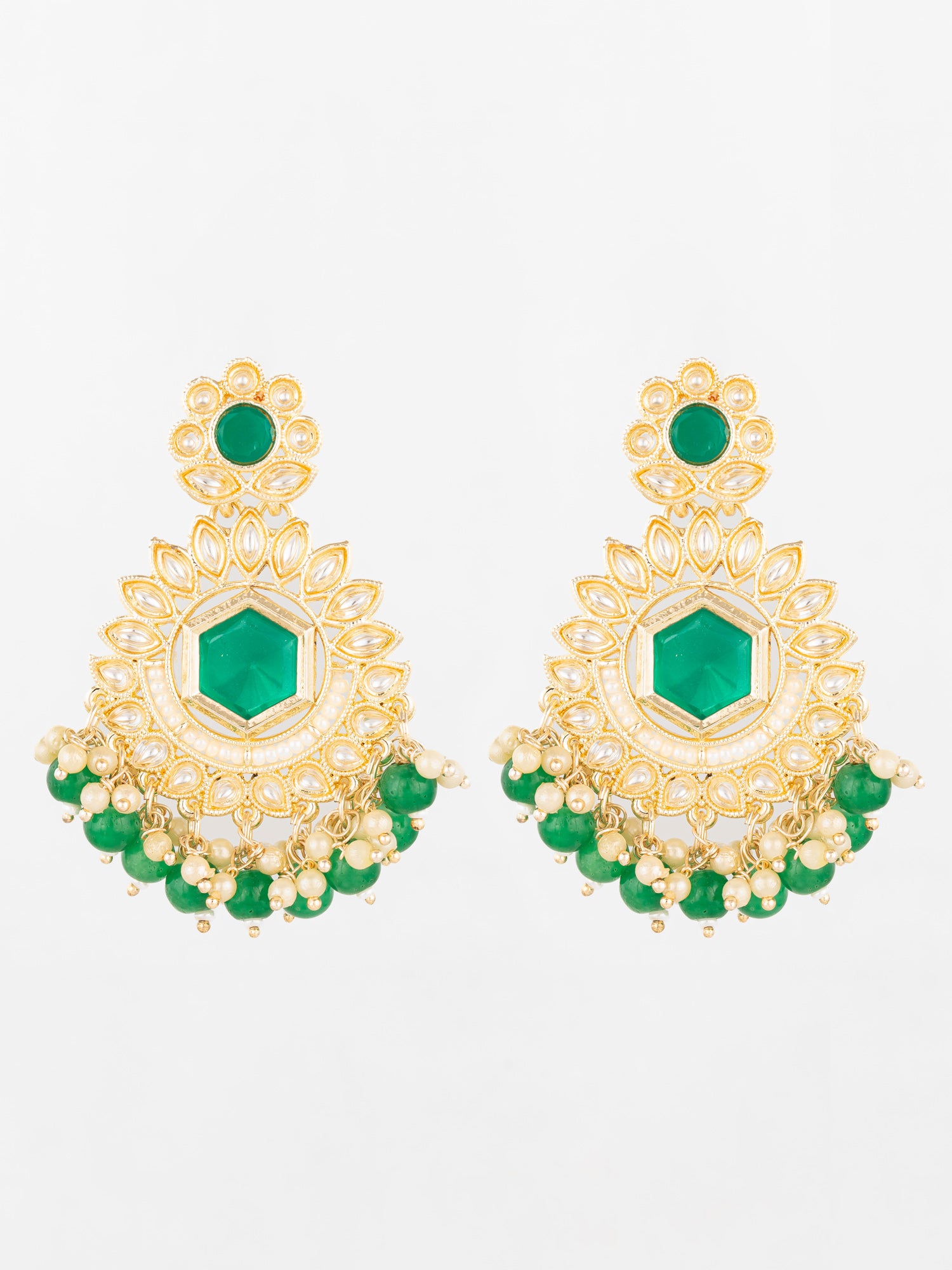 Aadita Green Kundan Chandelier Drop Earrings with Beaded Detailing