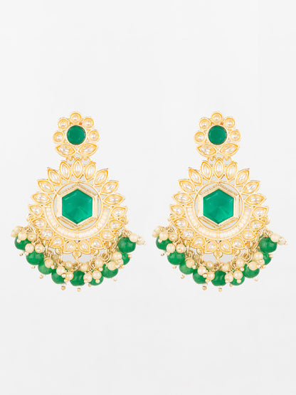 Aadita Green Kundan Chandelier Drop Earrings with Beaded Detailing