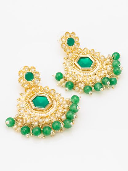 Aadita Green Kundan Chandelier Drop Earrings with Beaded Detailing