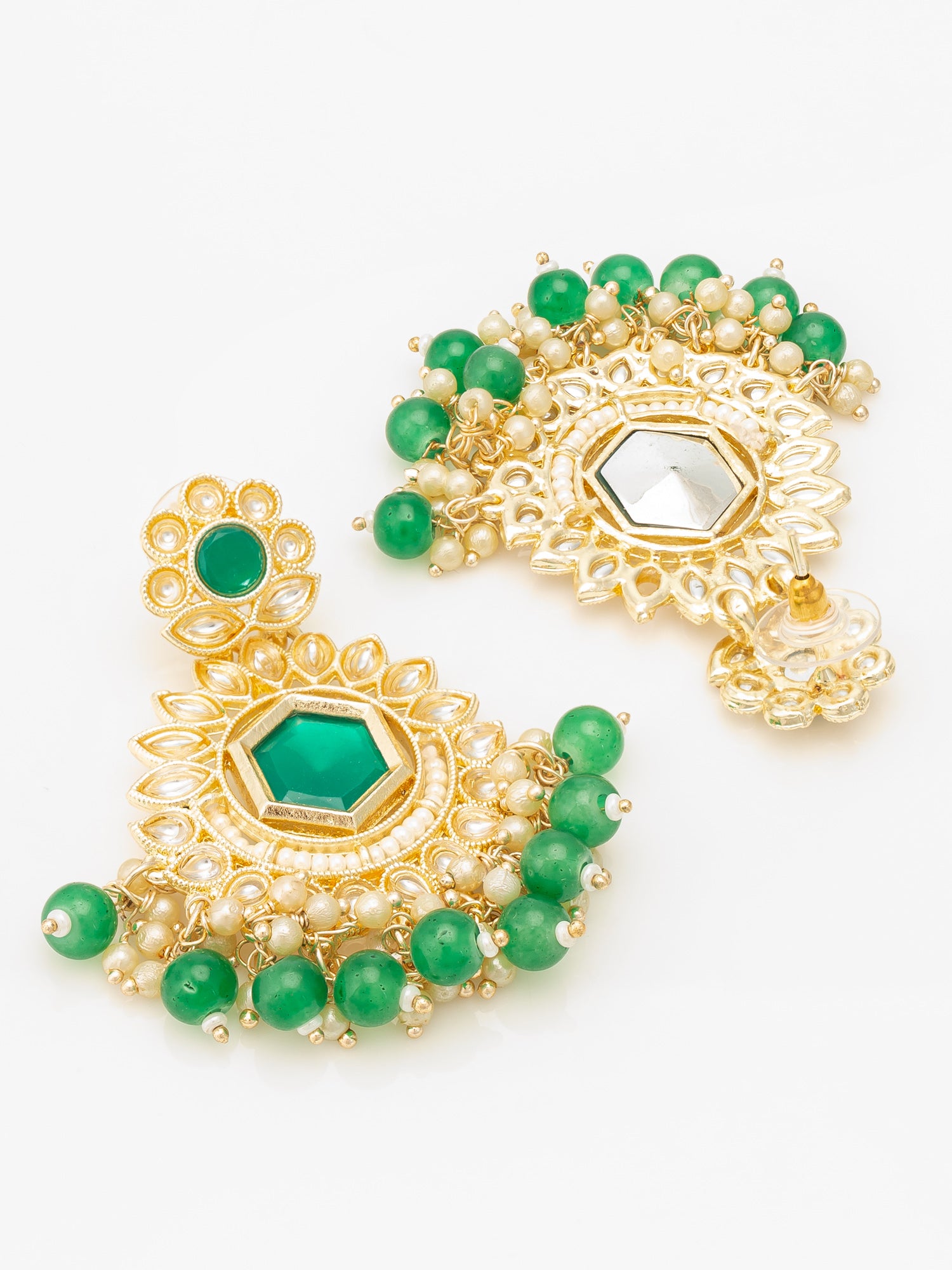 Aadita Green Kundan Chandelier Drop Earrings with Beaded Detailing