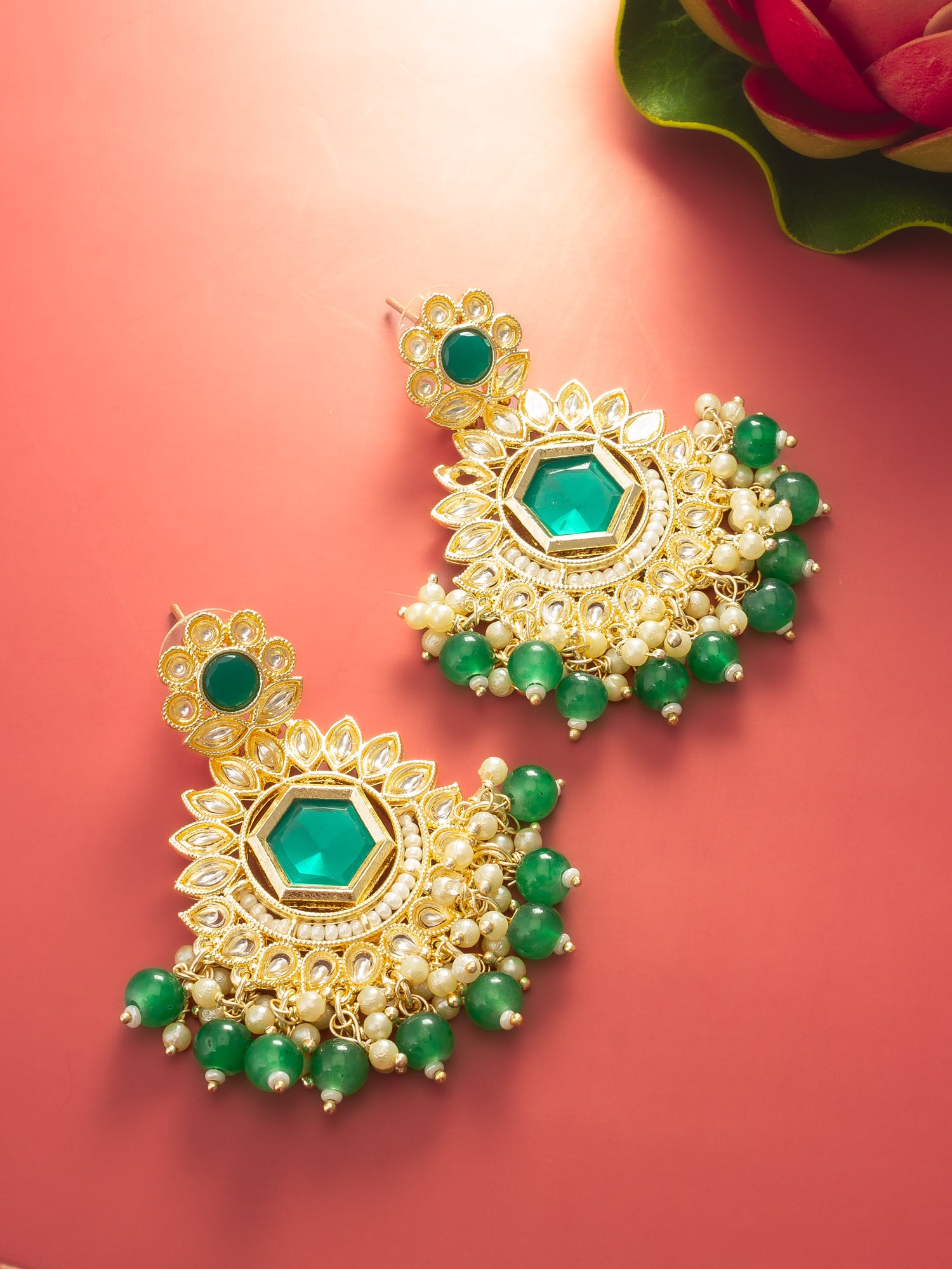 Aadita Green Kundan Chandelier Drop Earrings with Beaded Detailing