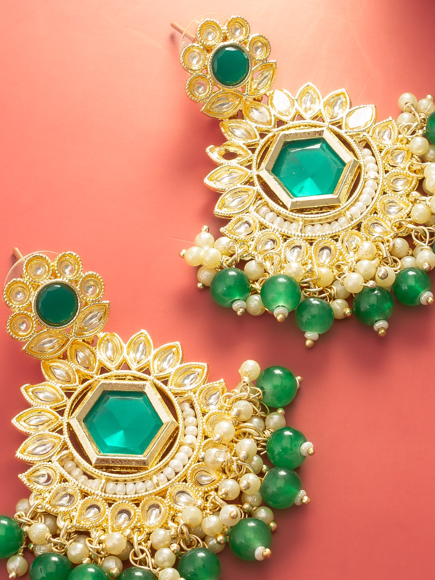 Aadita Green Kundan Chandelier Drop Earrings with Beaded Detailing