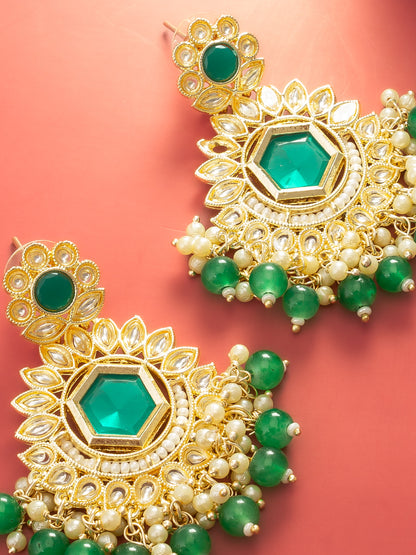 Aadita Green Kundan Chandelier Drop Earrings with Beaded Detailing