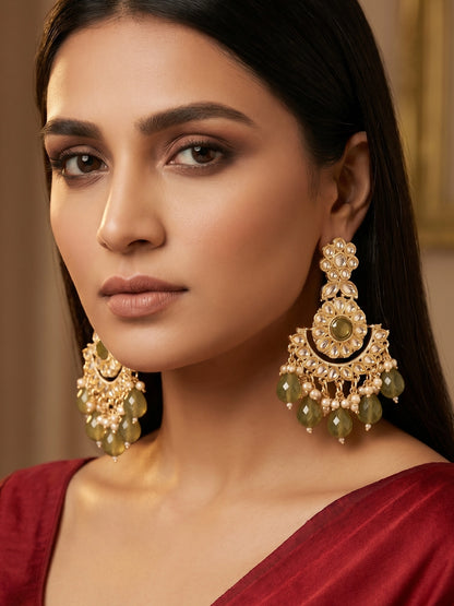 Aadita Olive Green Kundan Chandelier Earrings with Faceted Drops