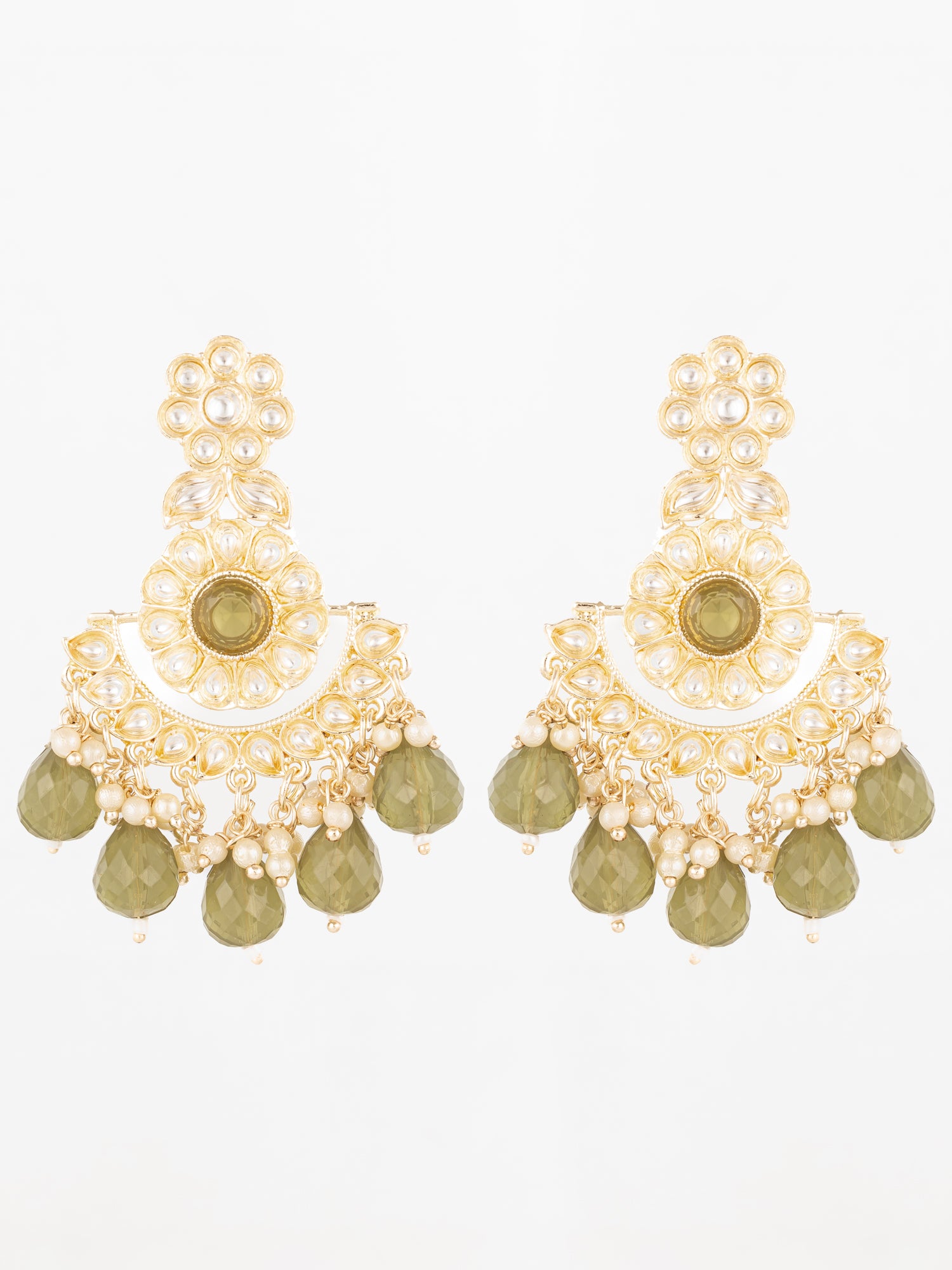 Aadita Olive Green Kundan Chandelier Earrings with Faceted Drops