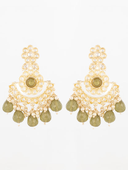 Aadita Olive Green Kundan Chandelier Earrings with Faceted Drops