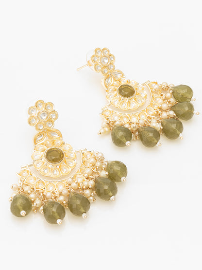 Aadita Olive Green Kundan Chandelier Earrings with Faceted Drops