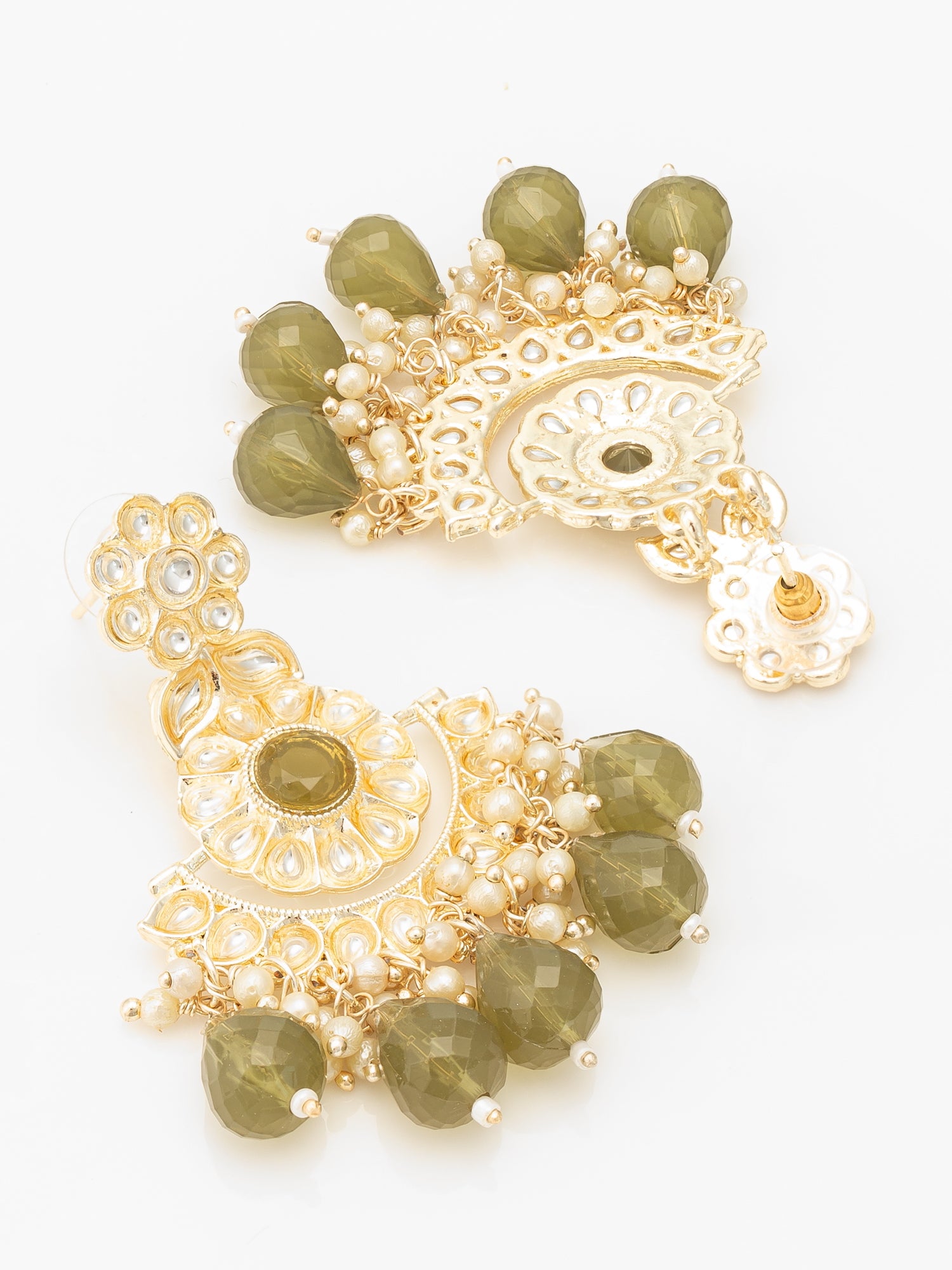 Aadita Olive Green Kundan Chandelier Earrings with Faceted Drops
