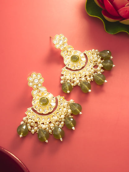 Aadita Olive Green Kundan Chandelier Earrings with Faceted Drops