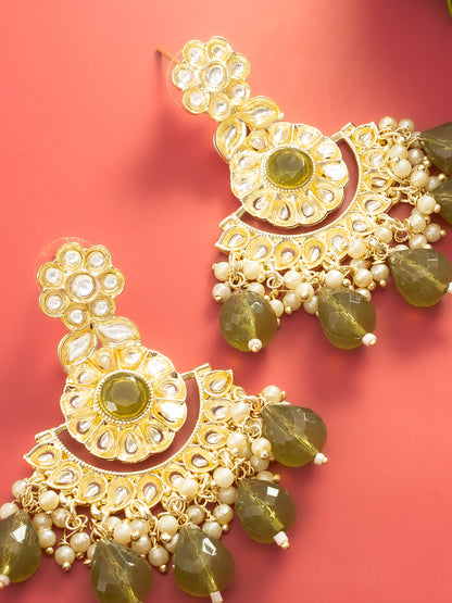 Aadita Olive Green Kundan Chandelier Earrings with Faceted Drops