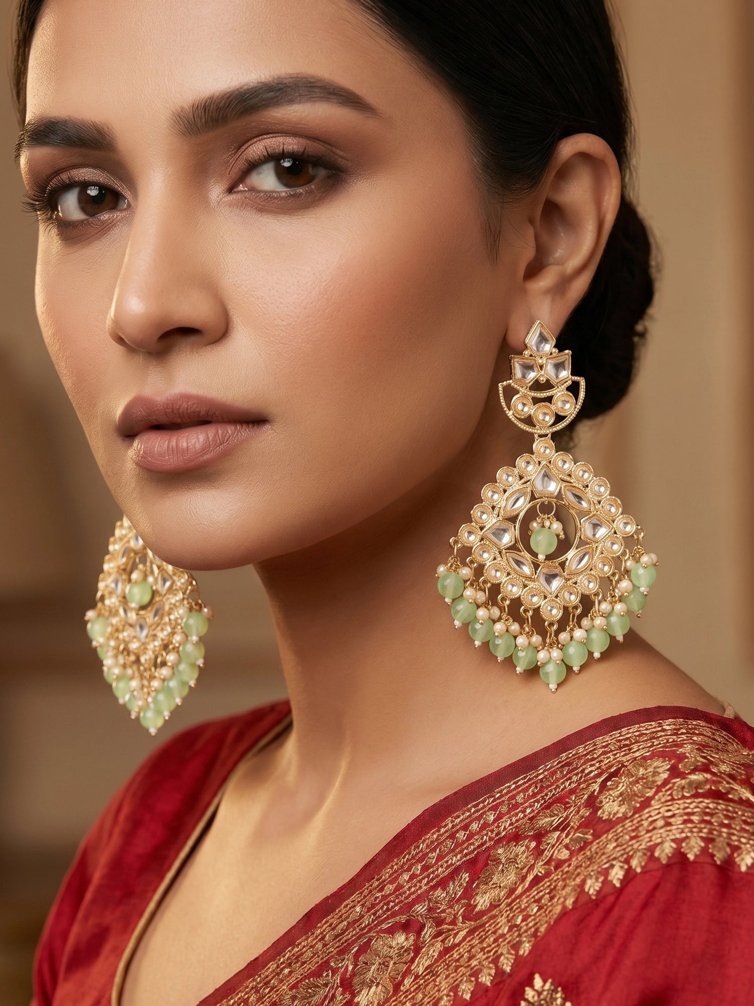 Aadita Mint Green Kundan Chandelier Earrings with Pearl Drops