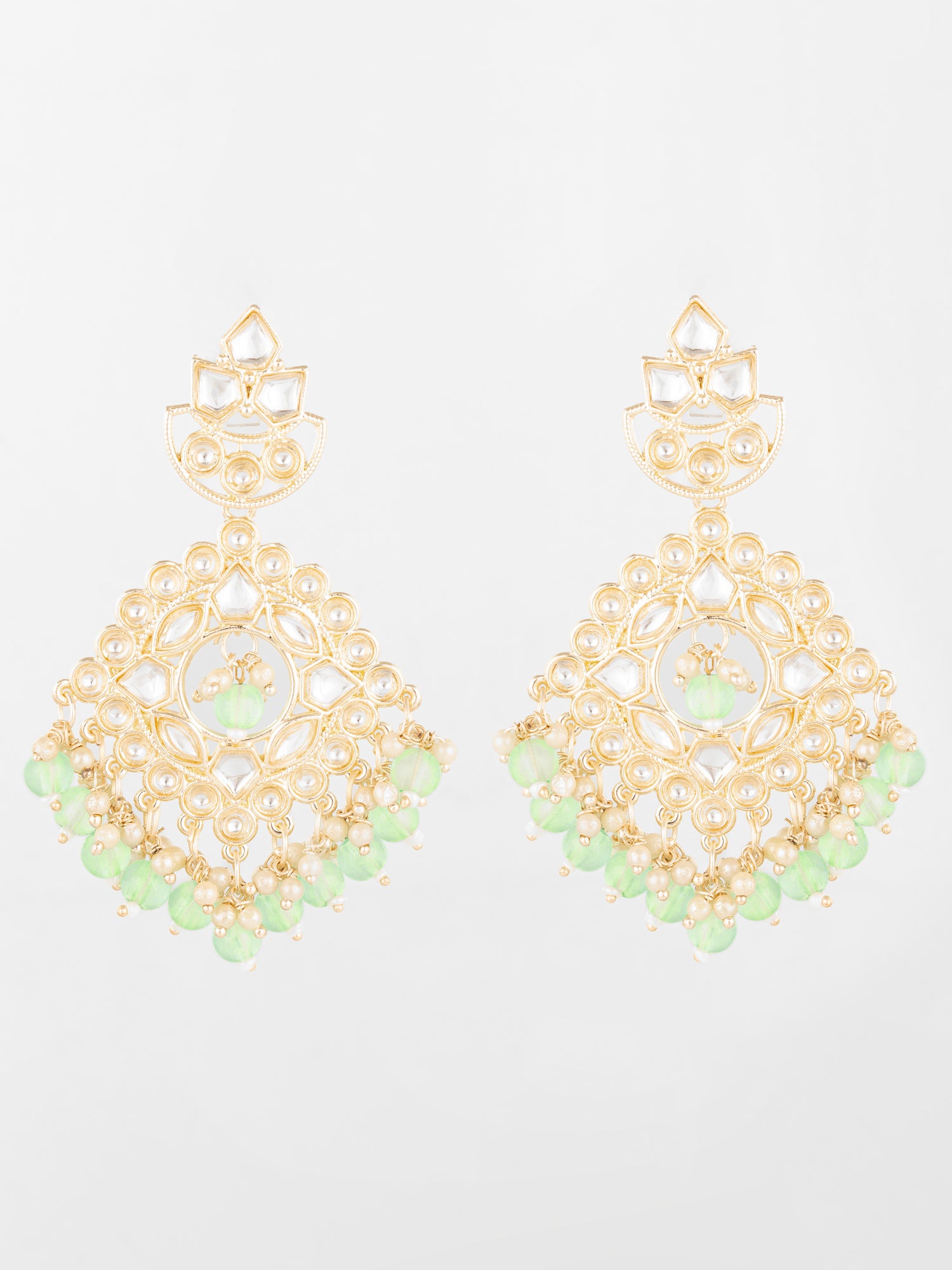 Aadita Mint Green Kundan Chandelier Earrings with Pearl Drops