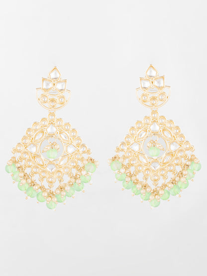 Aadita Mint Green Kundan Chandelier Earrings with Pearl Drops