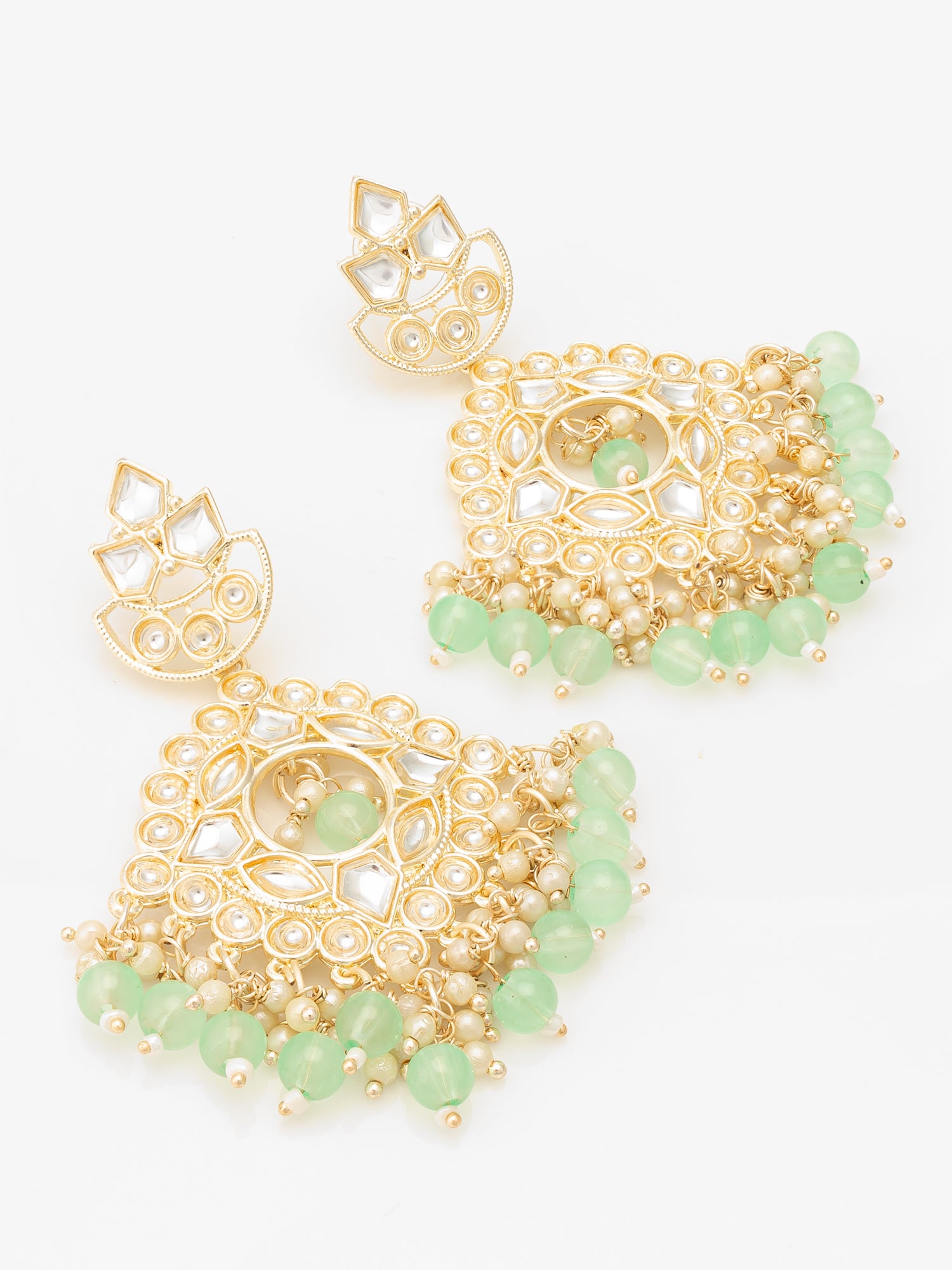 Aadita Mint Green Kundan Chandelier Earrings with Pearl Drops