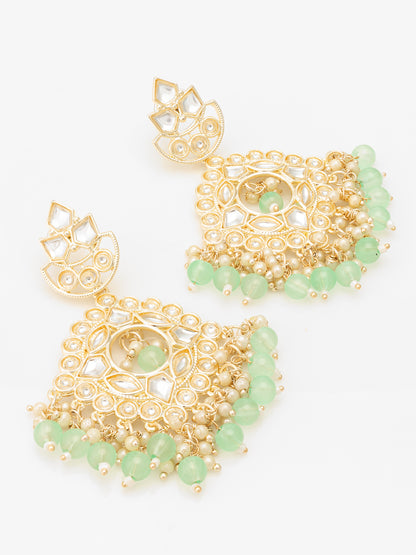 Aadita Mint Green Kundan Chandelier Earrings with Pearl Drops