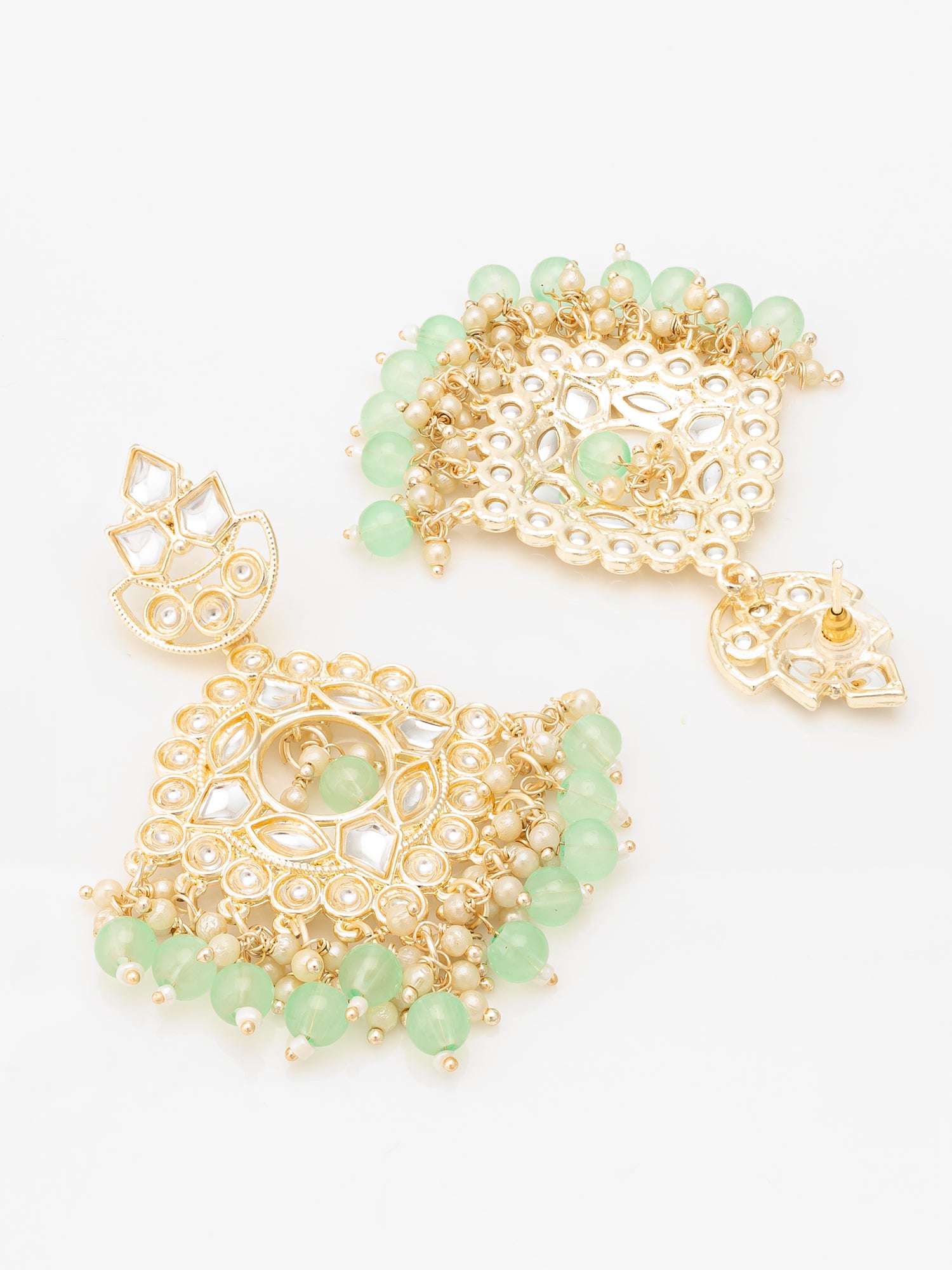 Aadita Mint Green Kundan Chandelier Earrings with Pearl Drops