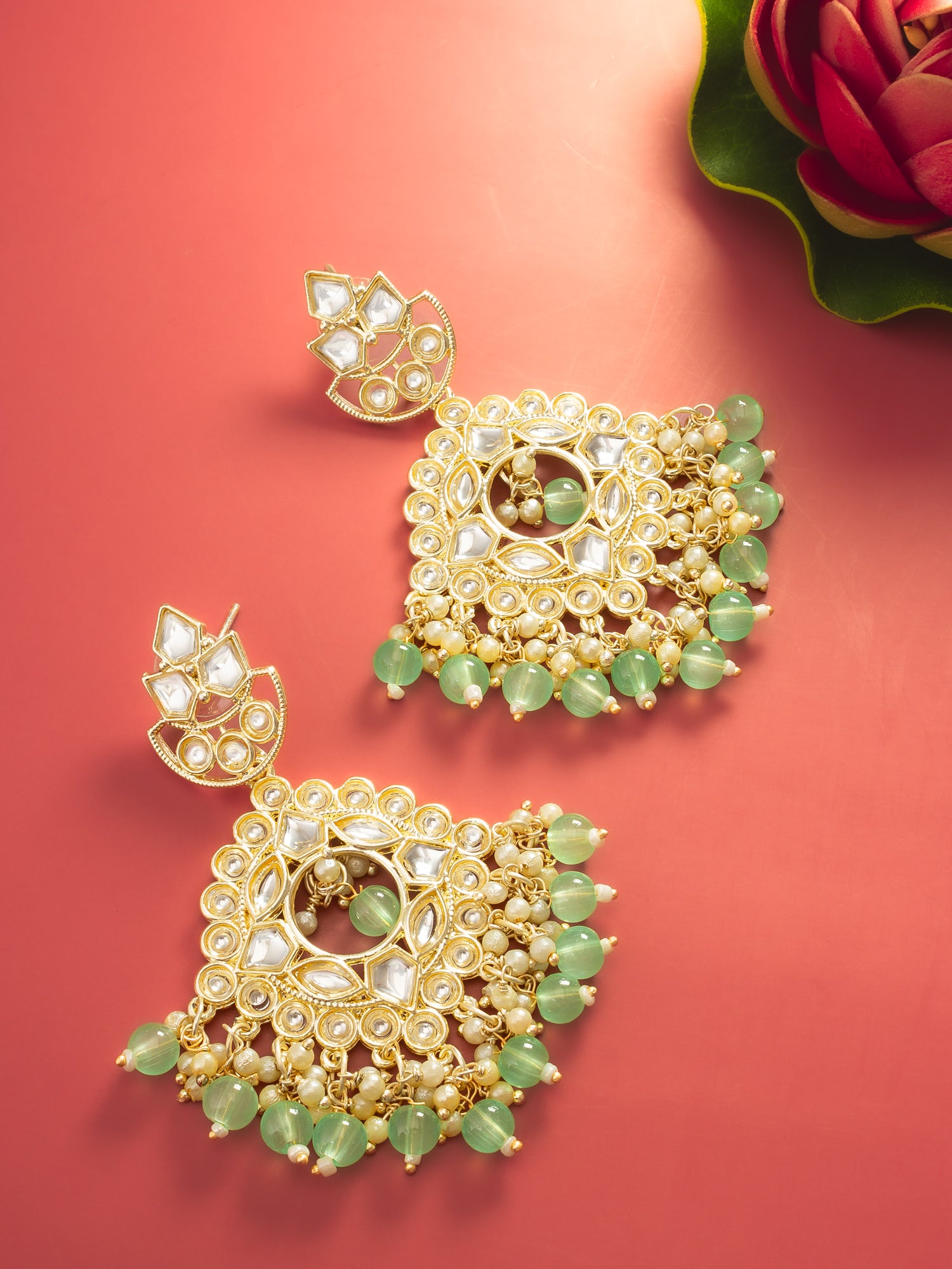 Aadita Mint Green Kundan Chandelier Earrings with Pearl Drops