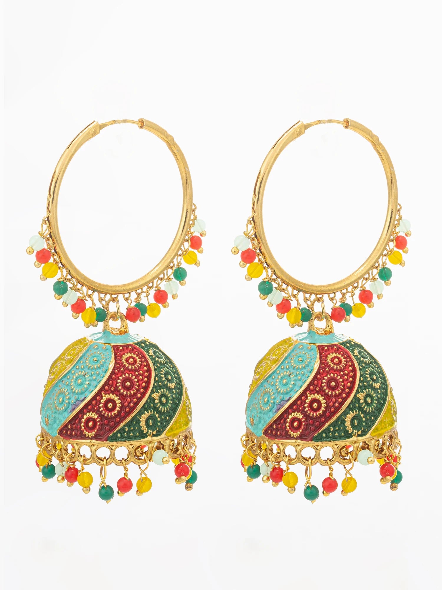 A pair of gold-plated hoop earrings with colorful, patterned jhumka-style dangling bells and small bead tassels in red, green, yellow, and turquoise on a white background.