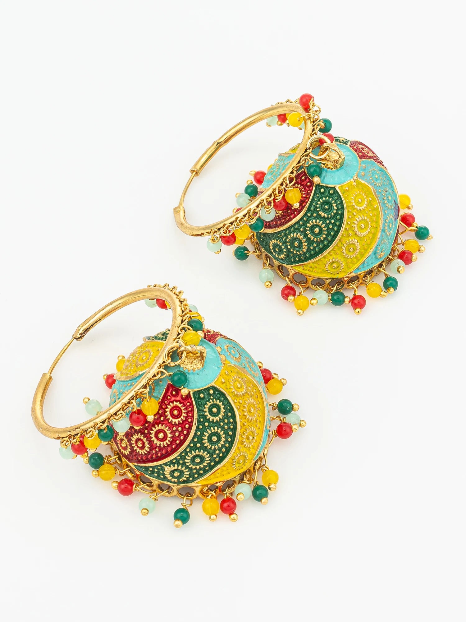A pair of gold hoop earrings with large, colorful paisley-shaped charms in yellow, green, and red, decorated with intricate gold patterns and dangling red, green, and yellow beads, shown on a plain white background.