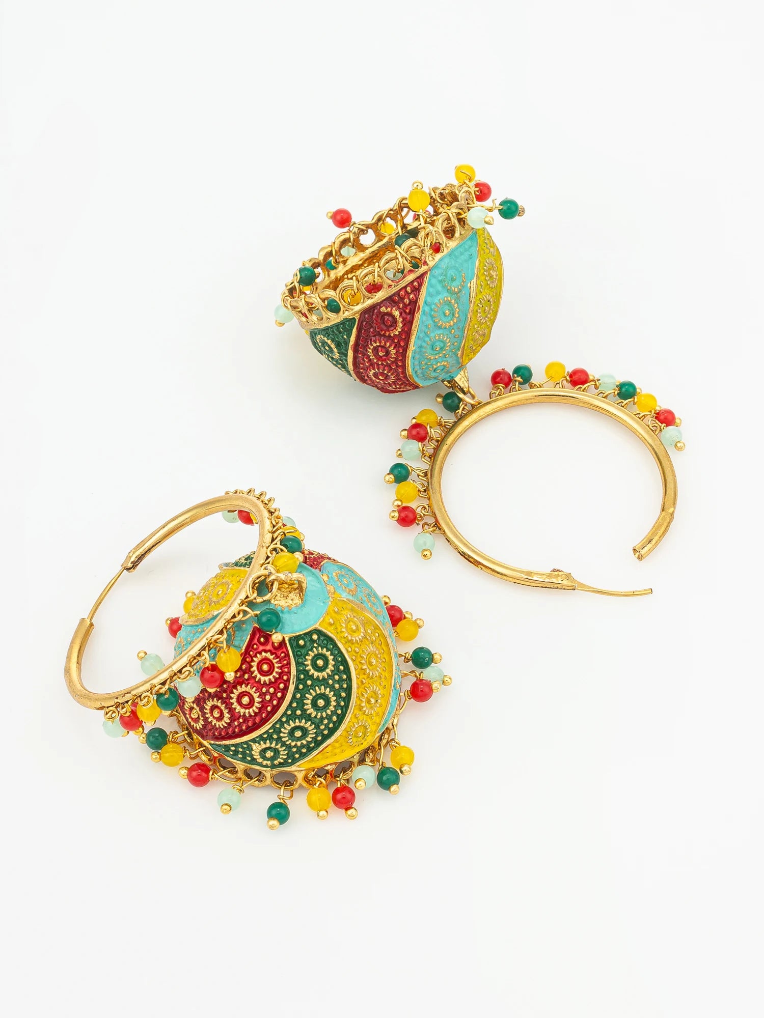 A pair of gold hoop earrings with large, colorful, ornate teardrop-shaped charms decorated with red, green, and yellow patterns and bead tassels, displayed on a clean white background.