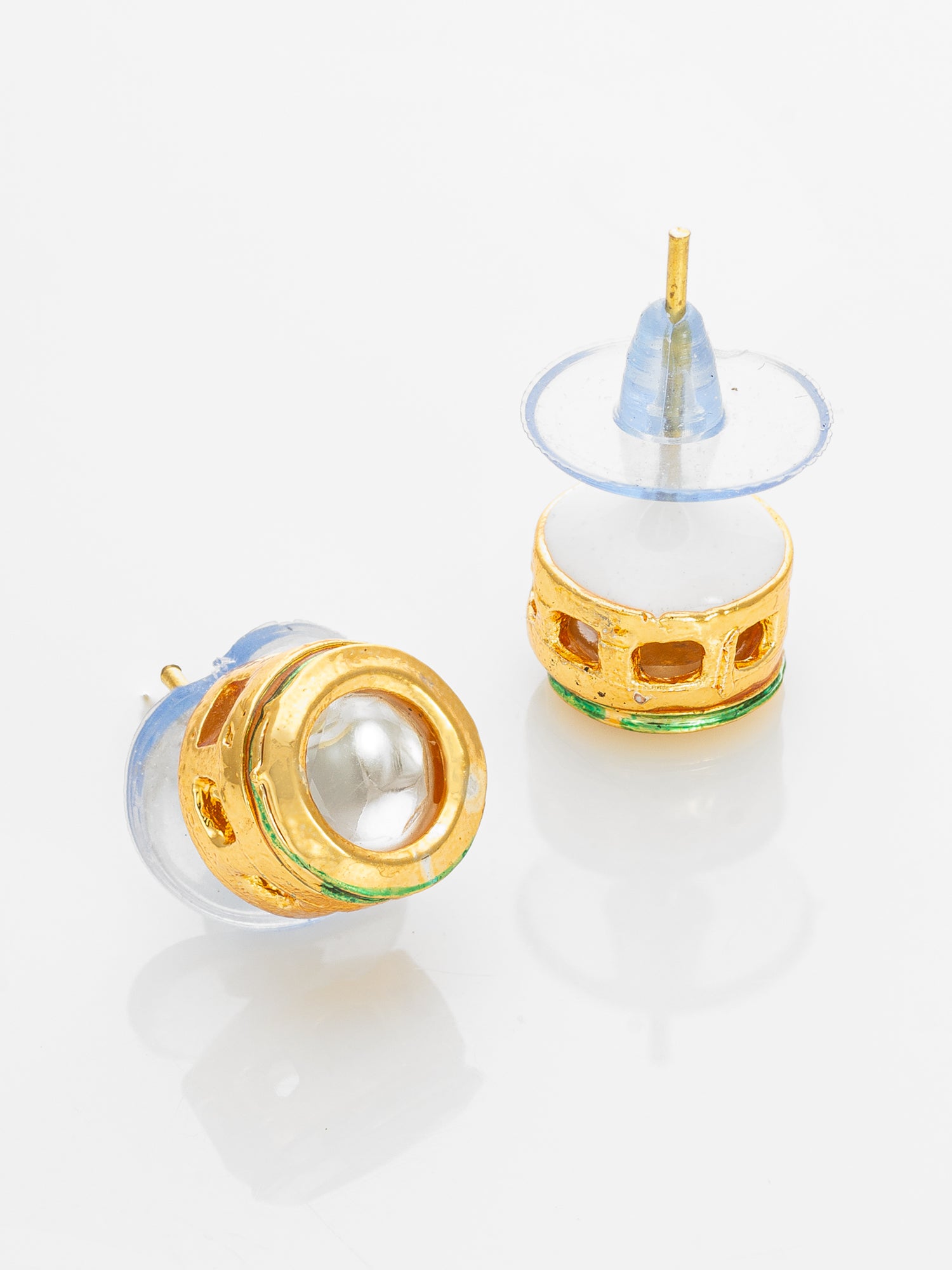 Aadita Gold Plated White Round Stud Earrings with Kundan Stones