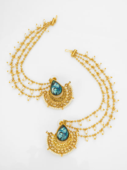 Aadita Gold-Toned Bahubali Earrings with Removable Ear Chain Featuring Devotional Artwork