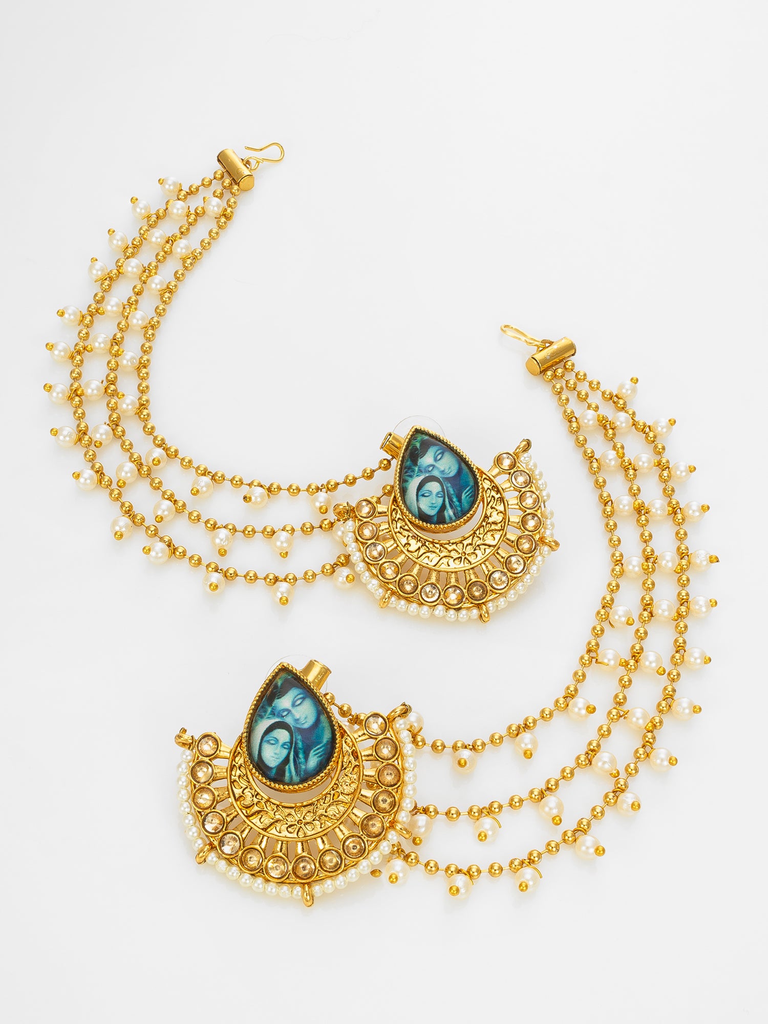 Aadita Gold-Toned Bahubali Earrings with Removable Ear Chain Featuring Devotional Artwork