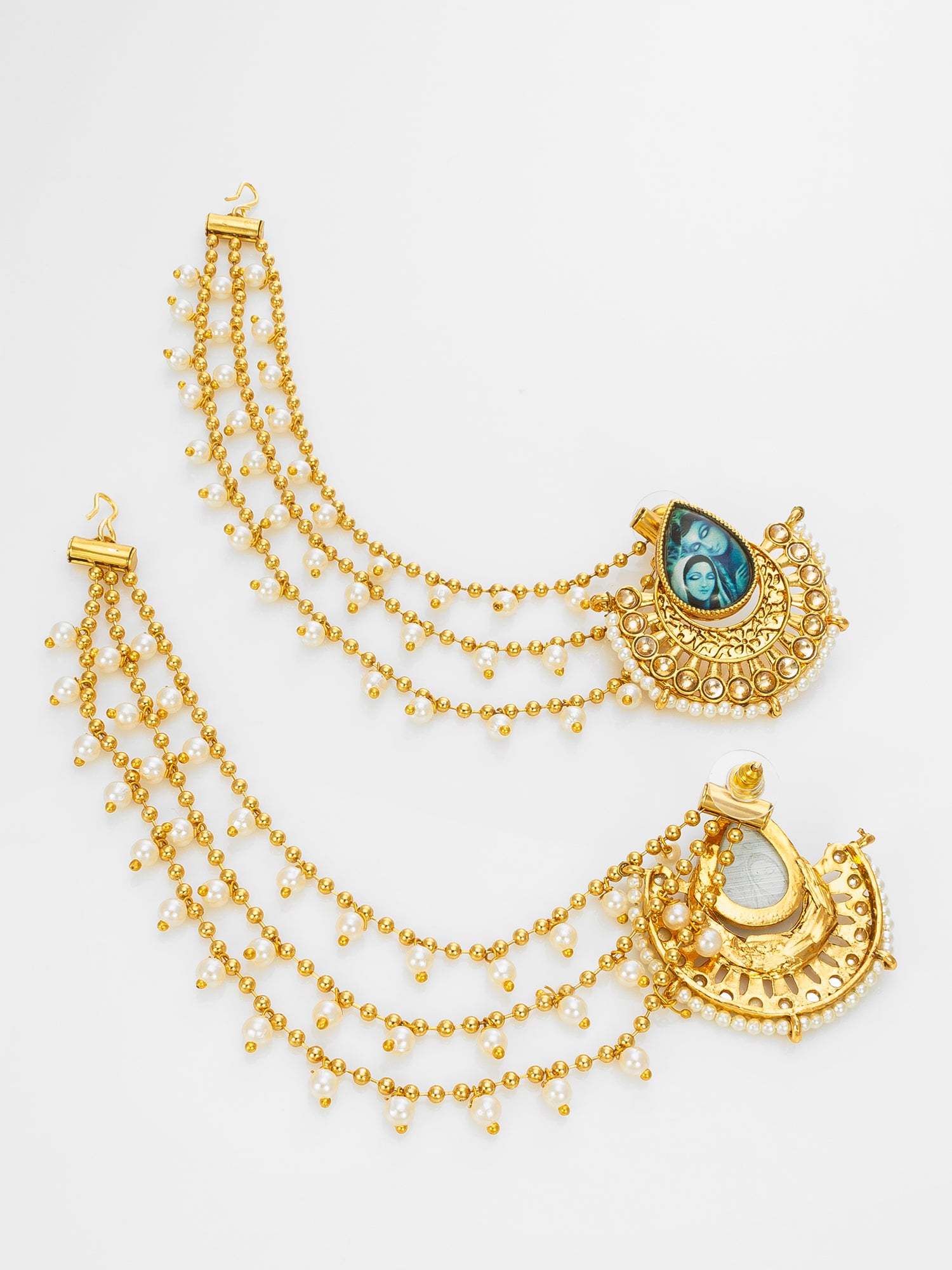Aadita Gold-Toned Bahubali Earrings with Removable Ear Chain Featuring Devotional Artwork