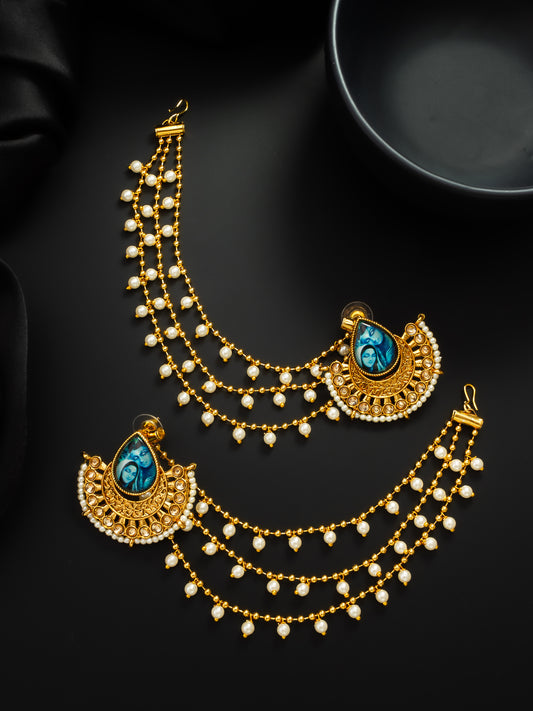 Aadita Gold-Toned Bahubali Earrings with Removable Ear Chain Featuring Devotional Artwork