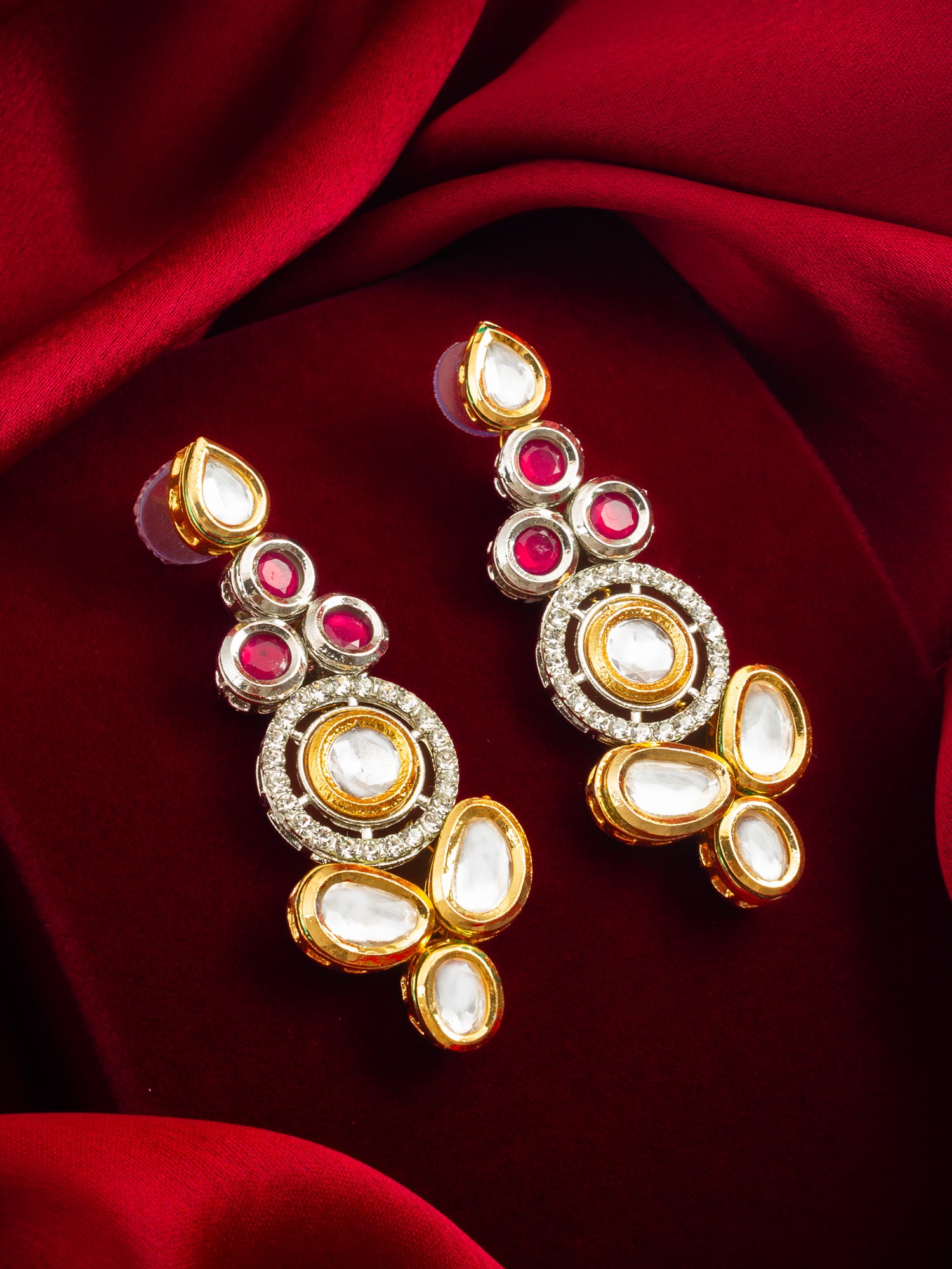 Aadita Dual-Tone Ruby Red and Kundan Studded Traditional Dangler Earrings