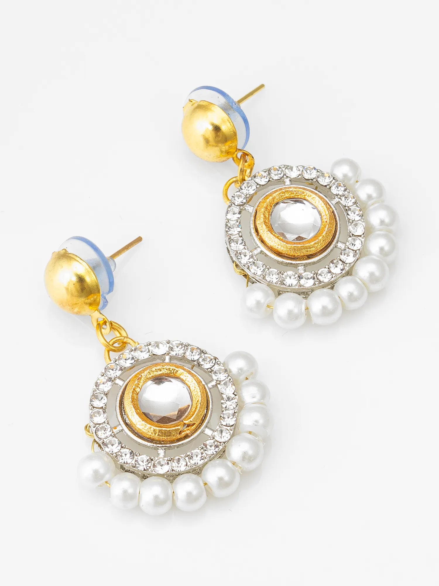 Round AD Stud Earrings With Pearl Border On A White Background