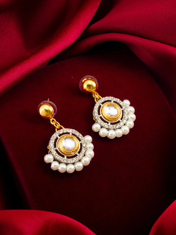 Round AD Stud Earrings With Pearl Border On A Red Background