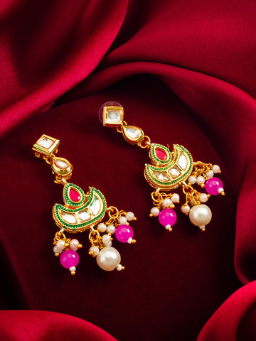 Aadita Wedding Wear Gold-Tone Kundan Chandelier Earrings with Bead Drops