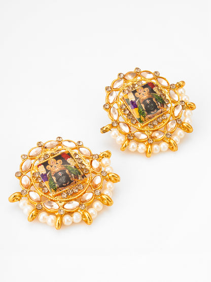 Aadita Gold Plated Tirupati Balaji Kundan Stud Earrings with Pearl Beads