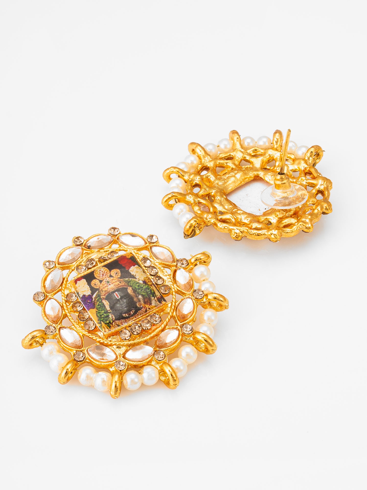 Aadita Gold Plated Tirupati Balaji Kundan Stud Earrings with Pearl Beads
