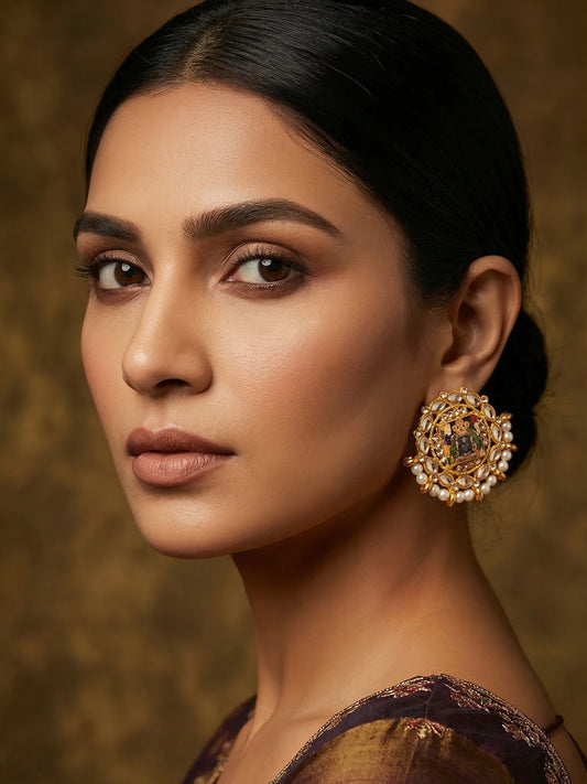 Aadita Gold Plated Tirupati Balaji Kundan Stud Earrings with Pearl Beads