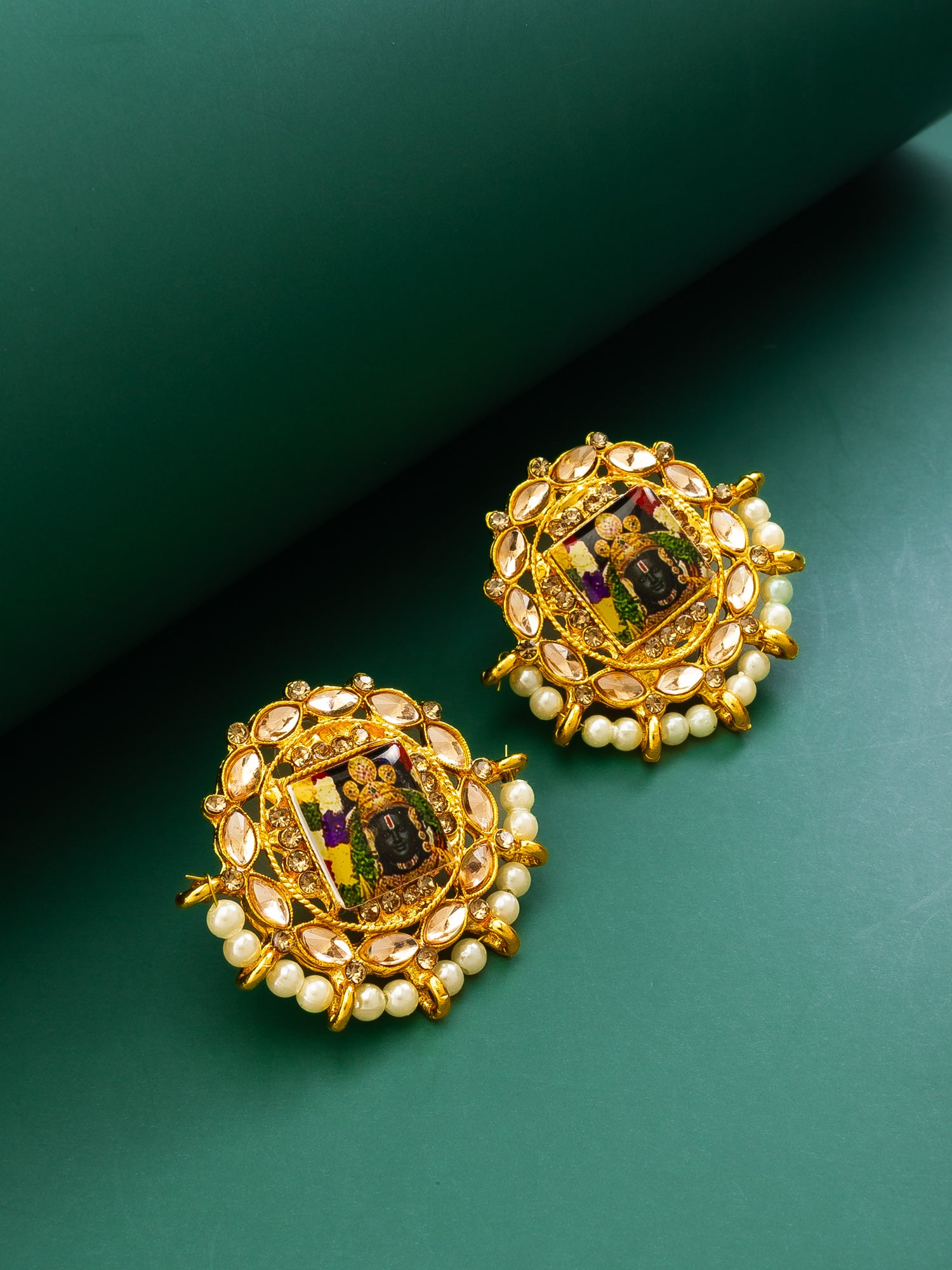 Aadita Gold Plated Tirupati Balaji Kundan Stud Earrings with Pearl Beads