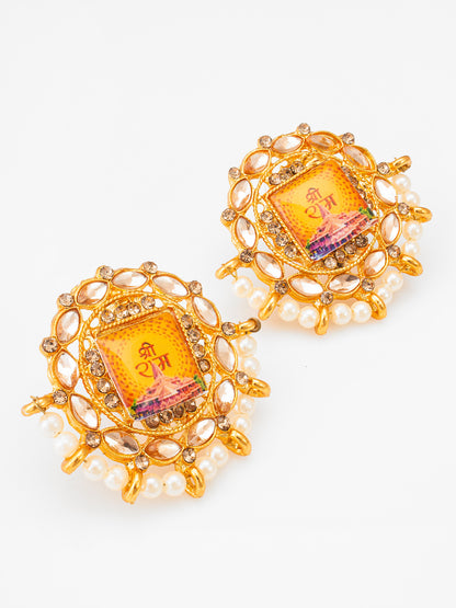 Aadita Gold Plated Shree Ram Kundan Stud Earrings with Pearls