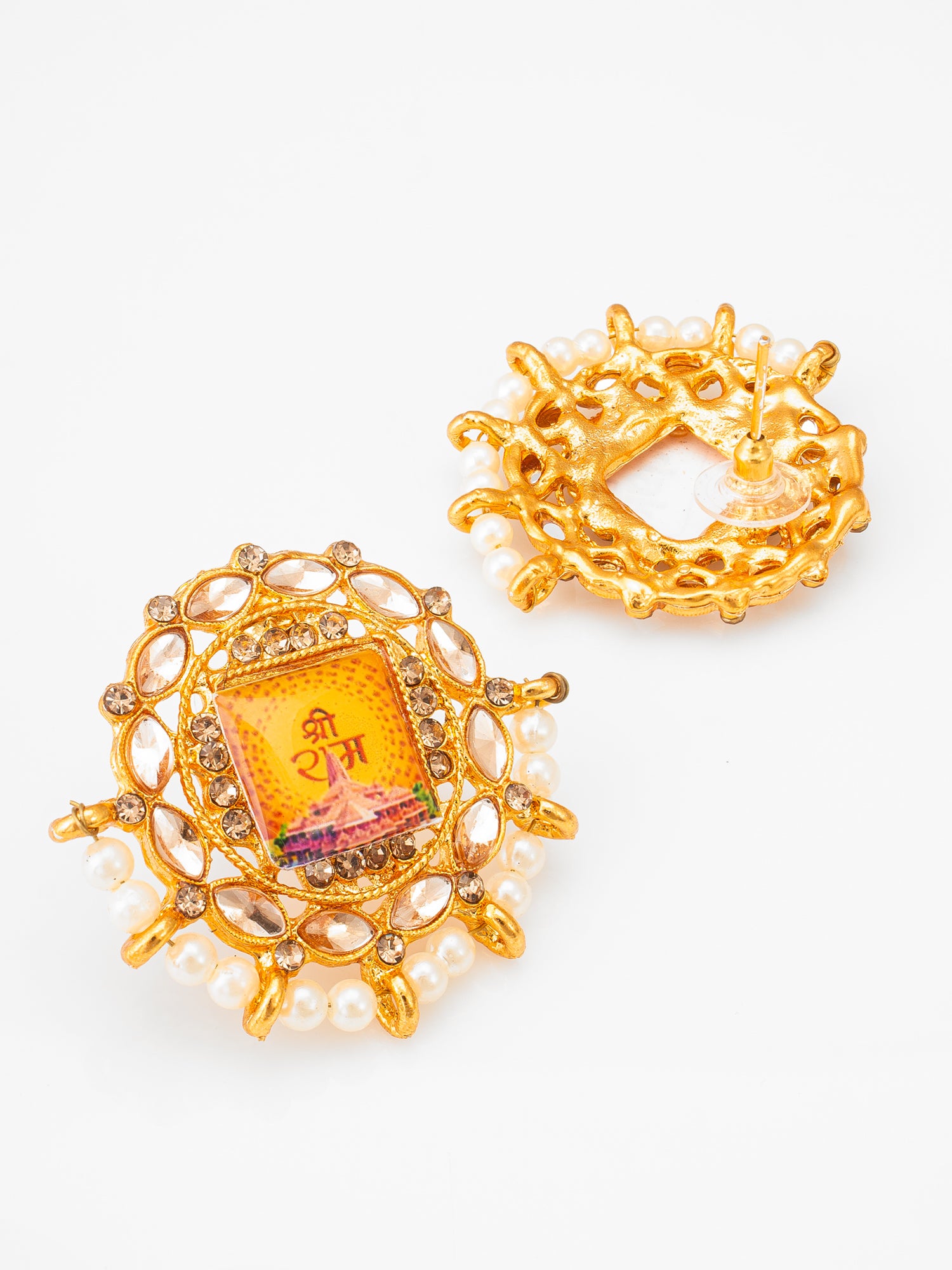 Aadita Gold Plated Shree Ram Kundan Stud Earrings with Pearls