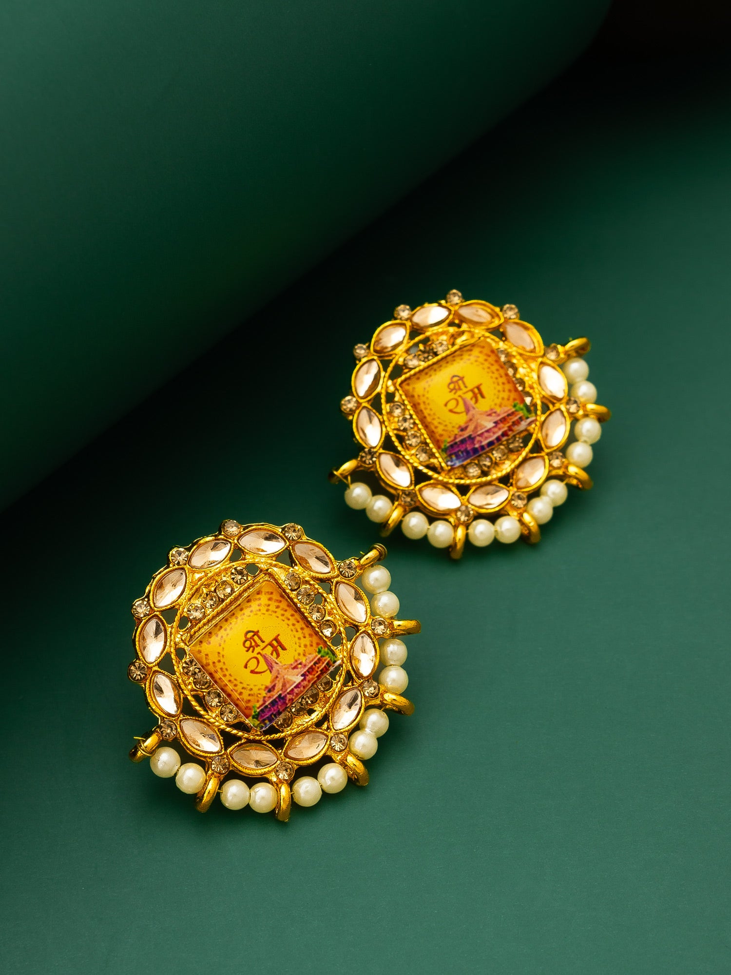 Aadita Gold Plated Shree Ram Kundan Stud Earrings with Pearls